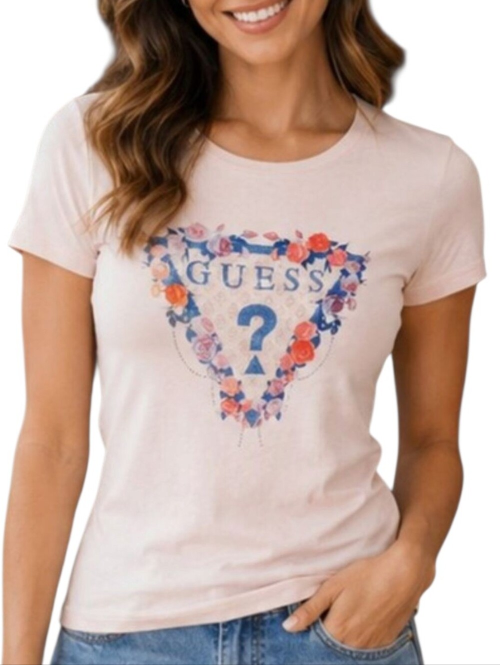 Guess Pink Tee with Blue Rhinestone Logo and Multicolor Floral Accents Size LG